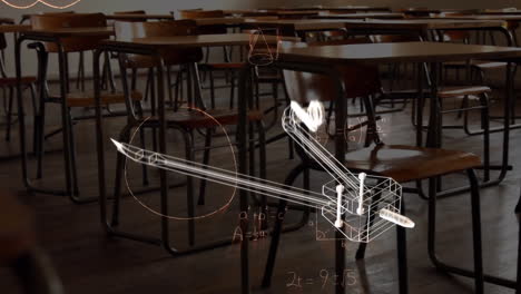 animación del icono de la brújula y las ecuaciones matemáticas sobre el aula vacía