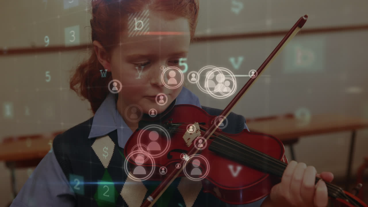 анимация икон, предупреждение, брандмауэр над белой девушкой, играющей на скрипке в школе