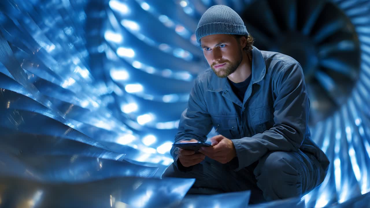 A focused technician, dressed in a gray jumpsuit and beanie, carefully examining a smartphone while seated within a futuristic engine, illuminated by blue light reflecting off the turbine blades, symbolizing innovation and precision