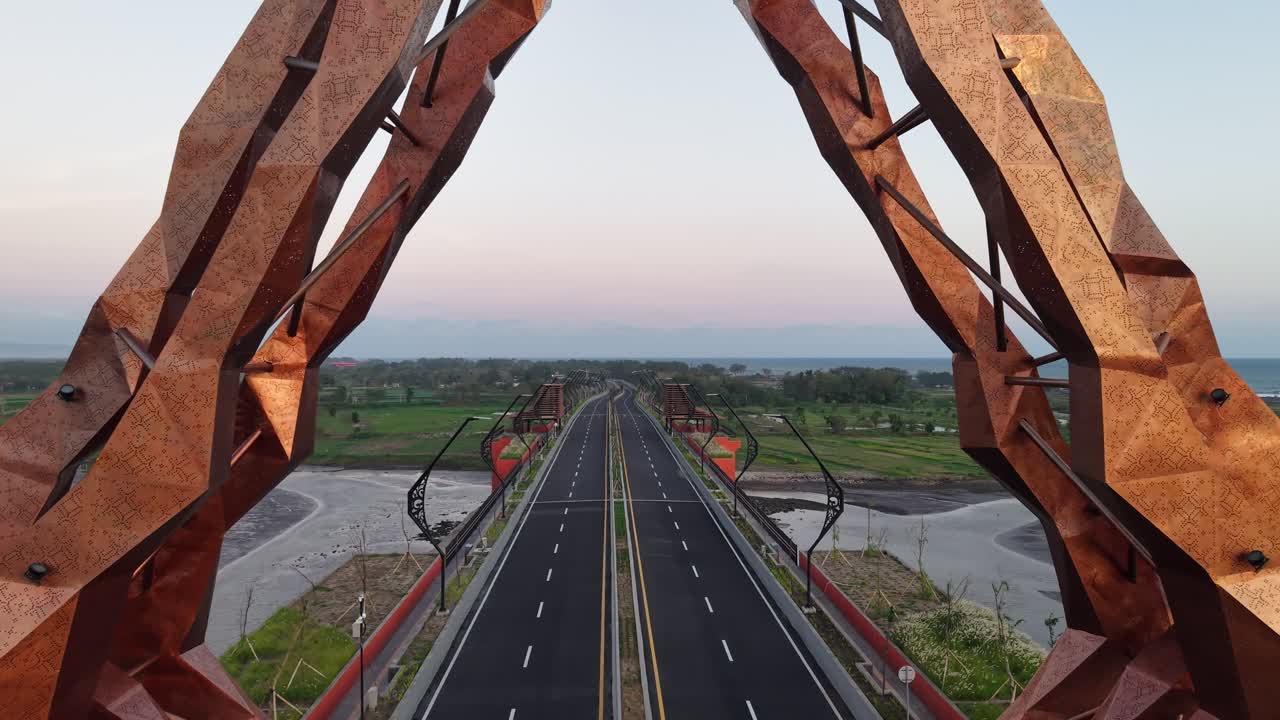Aerial view, architecture of the Pandansimo Bridge, which is a bridge connecting the southern ring road in the Bantul area of Yogyakarta