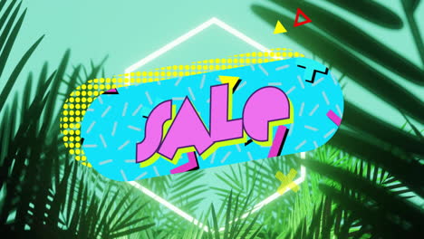 venta de texto sobre hojas tropicales y formas geométricas, animación colorida