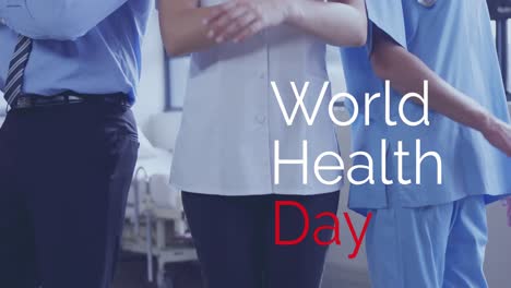 Animation-of-world-health-day-text-over-diverse-doctors