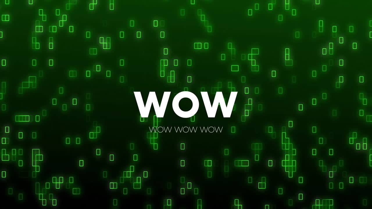 WOW text animation over green digital matrix background