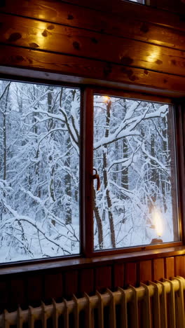 Snowy Forest View from a Wooden Cabin Window
