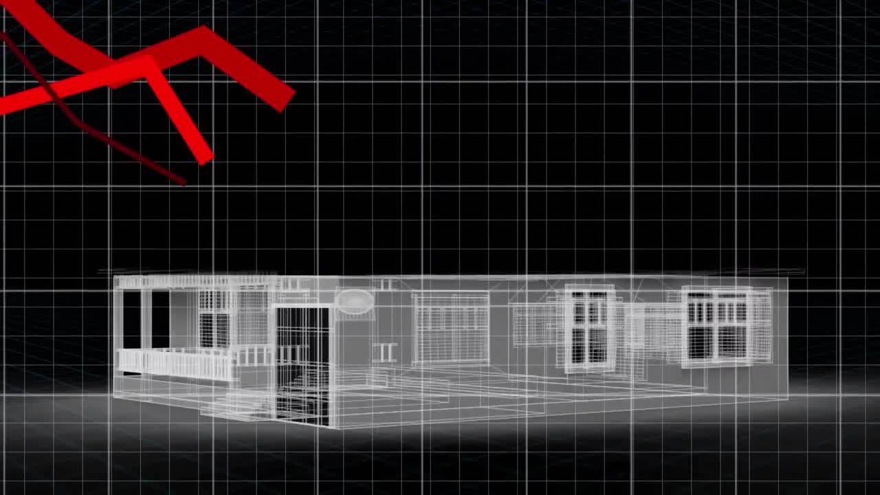 3d 하우스 모델에 대해 움직이는 빨간 그래프