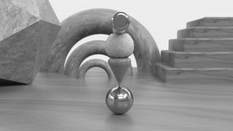 3d looped animation of perfect balance from geometric forms.