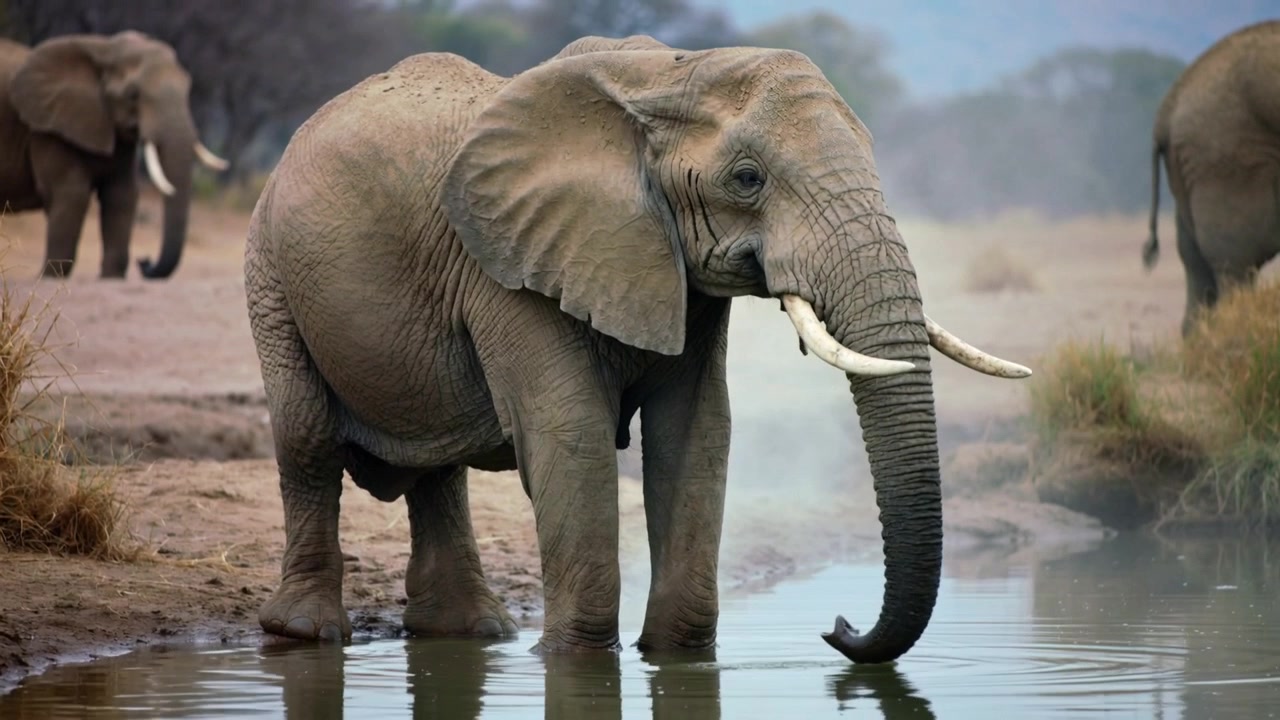 En voksen afrikansk elefant nærmer sig og skovler vand med sin snabel ved et vandhul på bredden for at drikke.
