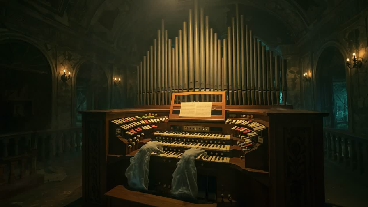 An Abandoned Organ in a Dark, Mysterious Hallway Bathed in Eerie Light, Surrounded by Decaying Architecture and Shadows Evoking a Haunted Atmosphere