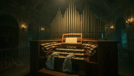 an abandoned organ in a dark, mysterious hallway bathed in eerie light, surrounded by decaying architecture and shadows evoking a haunted atmosphere