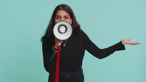 Woman-talking-with-megaphone,-proclaiming-news,-loudly-announcing-advertisement-pointing-empty-place