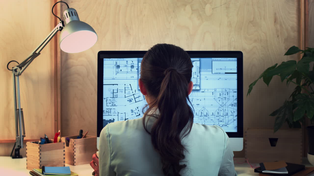 Woman working at home office architectural plans