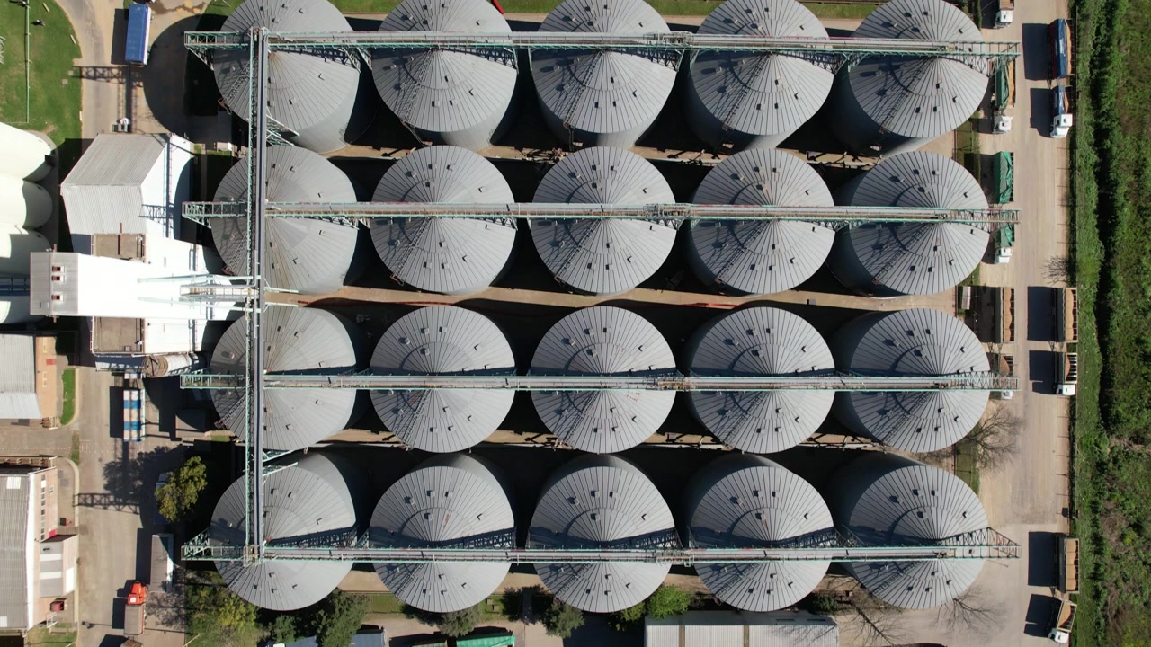 Overhead drone shot of agricultural grain storage silos