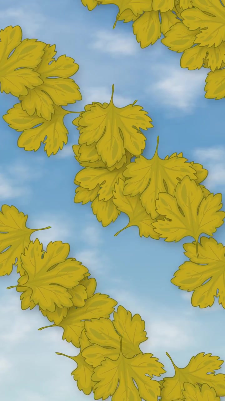 Stylized yellow leaves drift downward across a bright blue sky with soft white clouds.