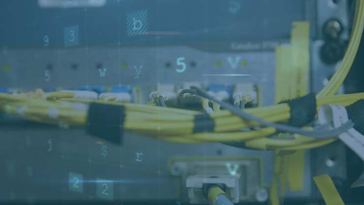 Animation of cyber attack warning over wires in server room