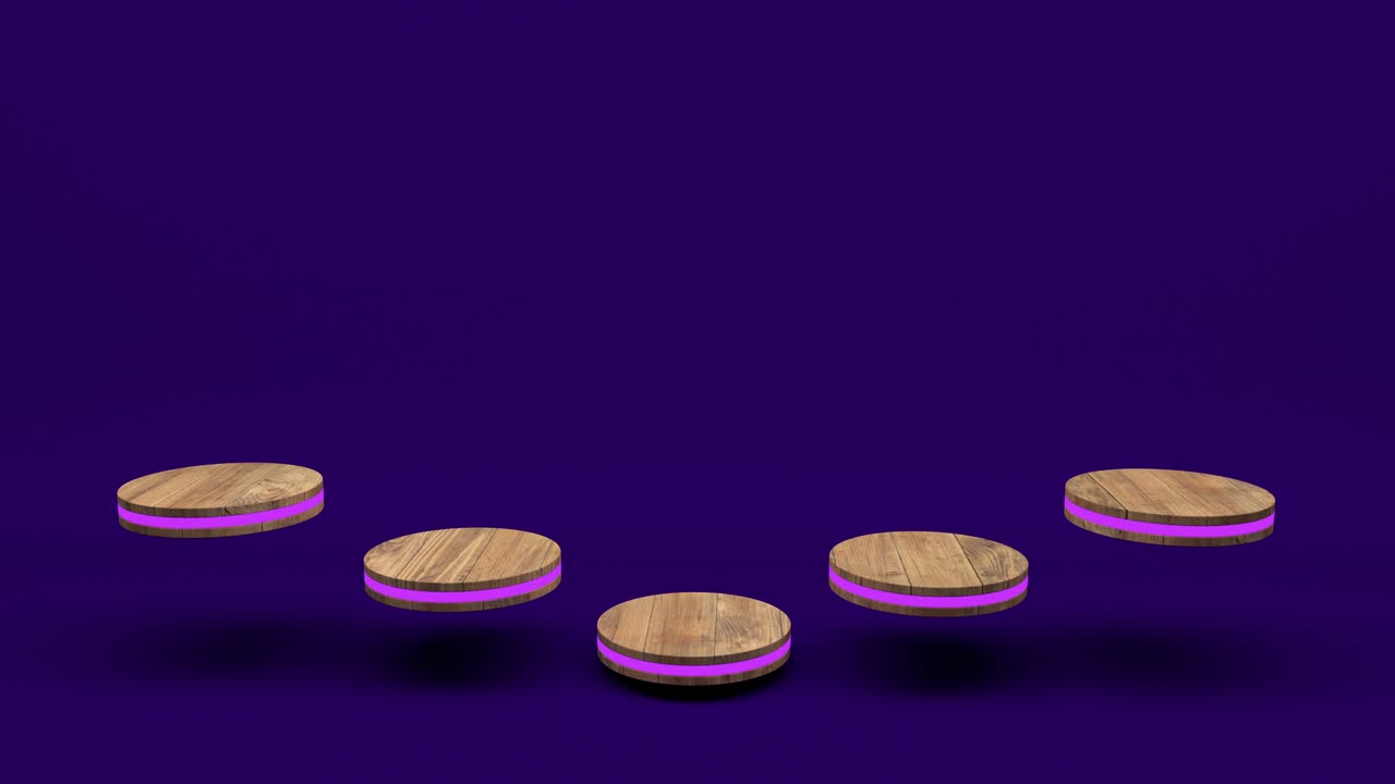 Wooden product stand futuristic or podium pedestal on empty display growing flashing light with purple backdrops. 3D rendering. seamless loop.
