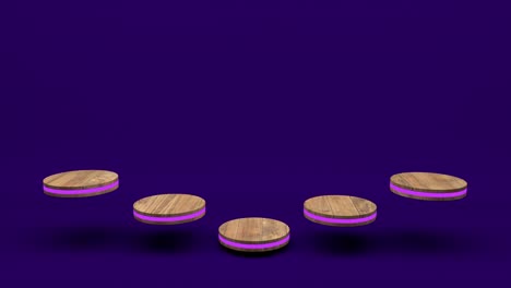 soporte de producto de madera pedestal futurista o podio en pantalla vacía creciente luz intermitente con telones de fondo púrpura. renderización 3d. bucle sin costuras.