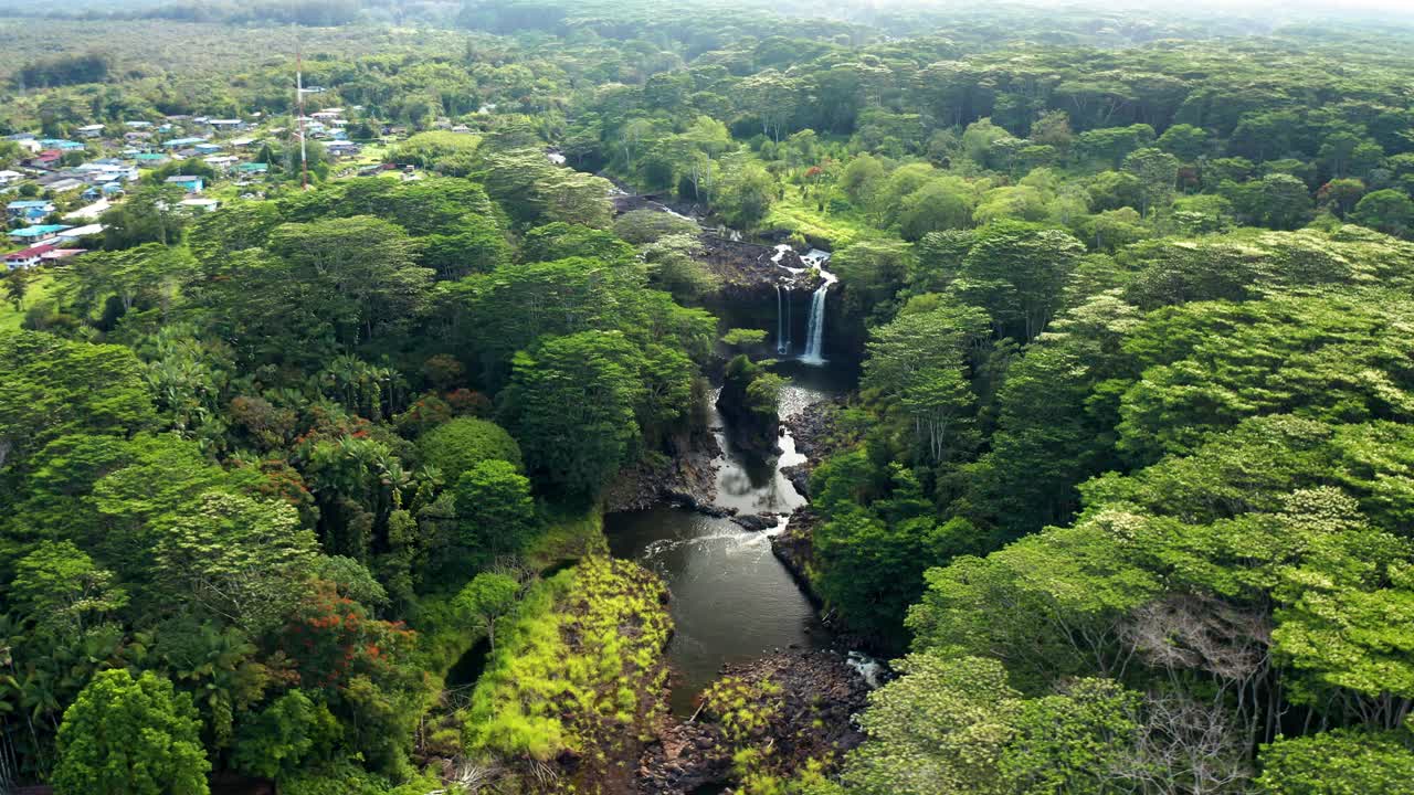 From above, twin waterfalls plunge into a narrow gorge bordered by lush rainforest, with the winding river cutting through a vast jungle landscape rich in greenery