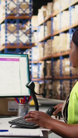 vertical video employee scanning awb tags after packaging operations in a distribution center