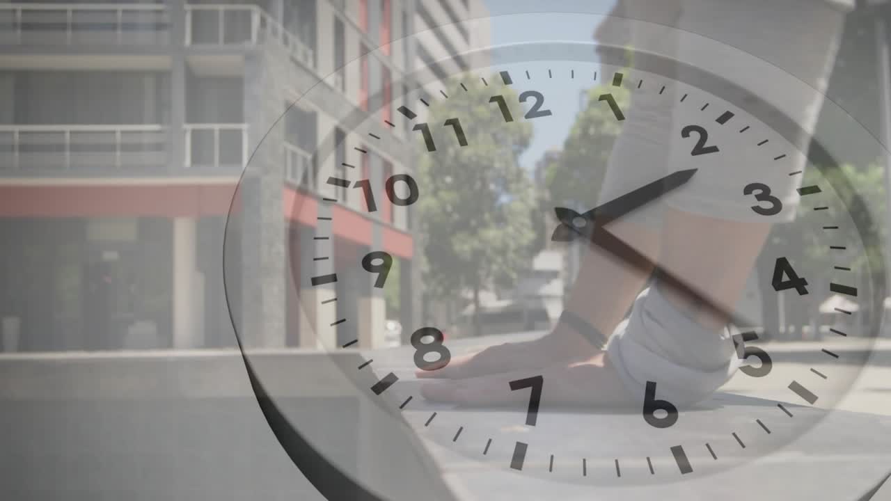 With transparent clock overlay moving, man jogging vaulting bench showing time passing for fitness