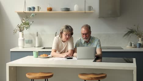 una pareja de adultos mayores de familia seria maneja las finanzas domésticas usando una computadora portátil