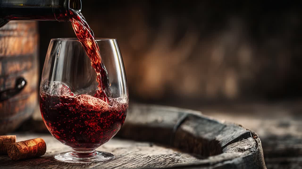 Ein fesselnder Guss: Die fließende Schönheit von Rotwein, der in ein Glas übergeht und seine satte Farbe und Textur mit einem rustikalen Fass im Hintergrund einfängt