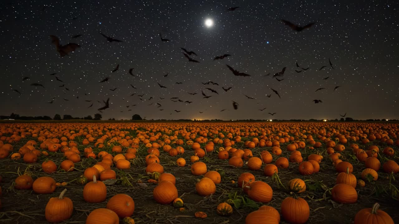 A Mesmerizing Night Scene of a Pumpkin Field Under a Starry Sky, Complemented by Flickering Bats Soaring Through the Air, Creating a Mystical and Autumnal Atmosphere