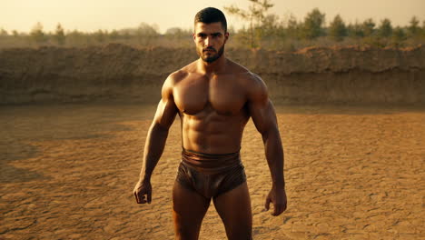 muscular man posing in a barren outdoor landscape