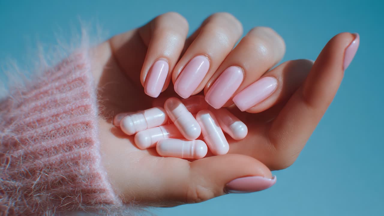 Estetica ravvicinata di unghie rosa pastello che tengono capsule bianche su uno sfondo blu tenue, che mostra le tendenze moderne di bellezza e benessere