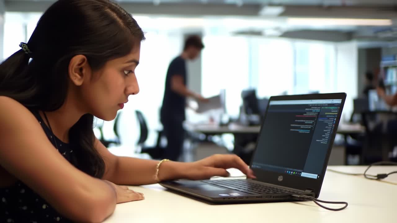 Focused Young Woman Coding on Laptop in a Modern Workspace, Demonstrating Concentration and Engagement with Programming Tasks Amidst a Collaborative Environment