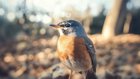 Close-up of a robin on the ground, captured at eye level