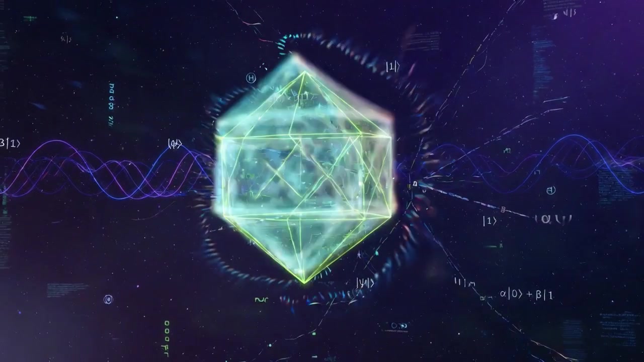 Abstrakt kvantecomputerkoncept med roterende geometriske former og digitale data