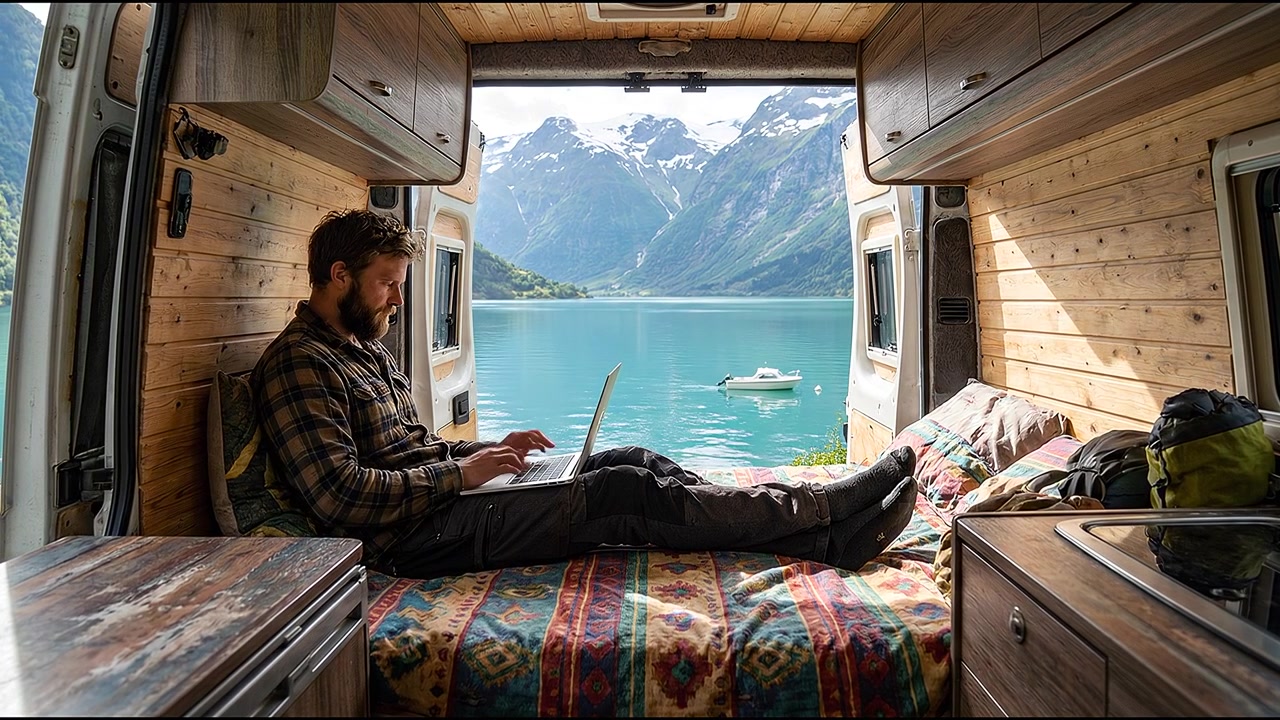 Viaggiatore che si rilassa all'interno di un camper mentre lavora da remoto su un laptop accanto a un paesaggio scenografico di lago di montagna.