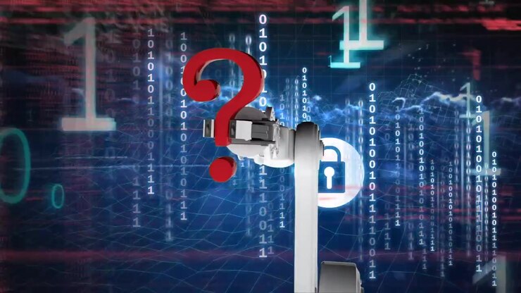 Animation of bionic hand with question marks in digital space with binary code