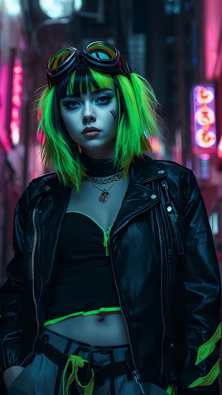 Vertical video: Cam zooming model lifting head fixing gaze in neon alley showing jacket goggles