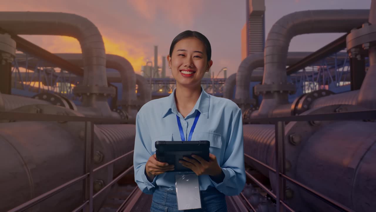 Wanita Asia dengan Tabletnya, di Jaringan Pipa Industri saat Matahari Terbenam, Dia Melihat ke Kamera dengan Senyuman.