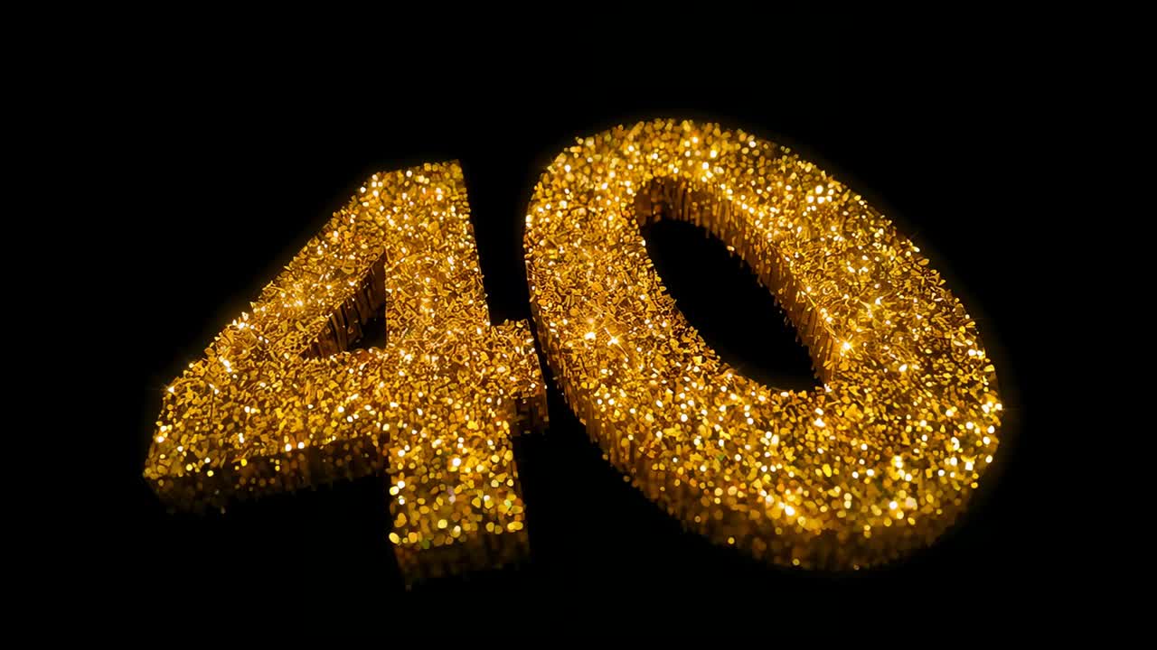 Camera dollying toward 3D gold-glitter 40 at studio with direct lighting, revealing glitter texture