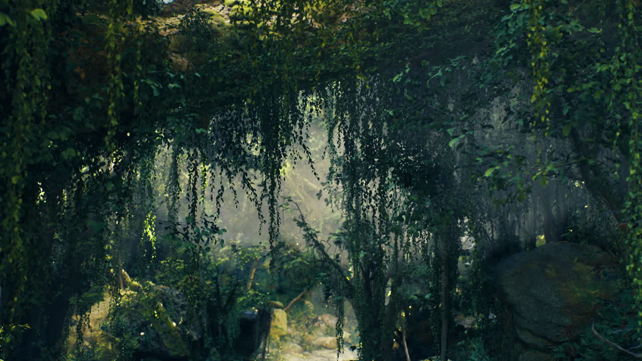 Lush green foliage surrounds a tranquil stream in a hidden forest haven