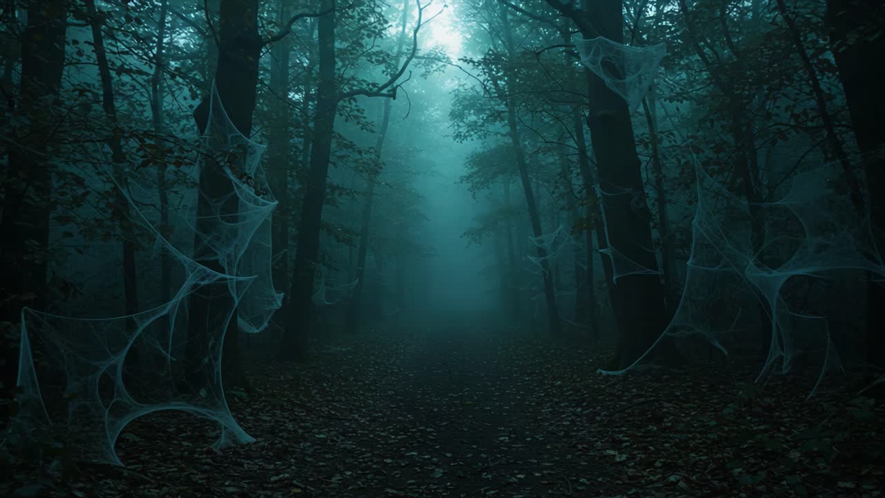 Mysterious Foggy Forest with Webs: An Ethereal Journey Through the Enigmatic Woods Shrouded in Mist and Spun Silk, Inviting Exploration and Unease