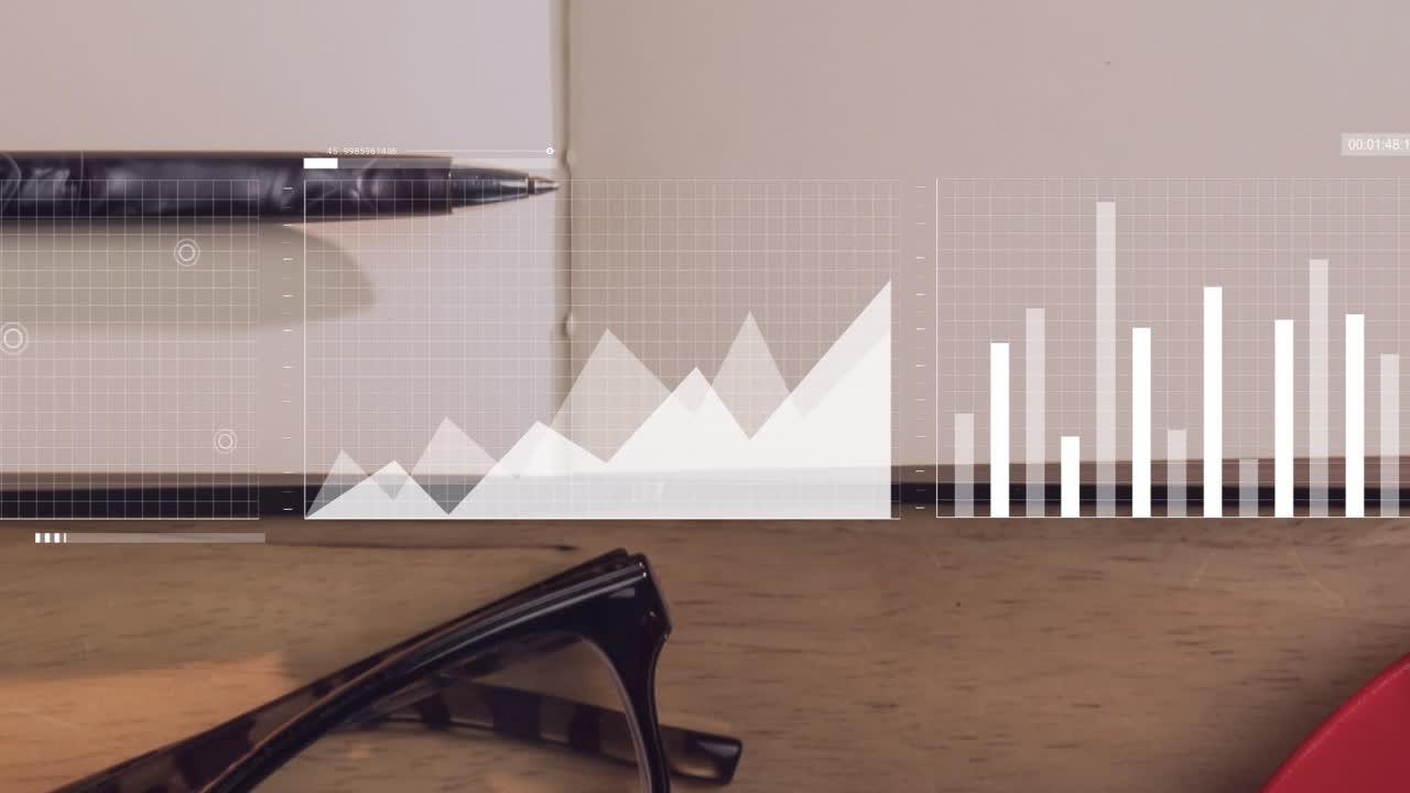 Graph and chart animation over desk with pen and glasses