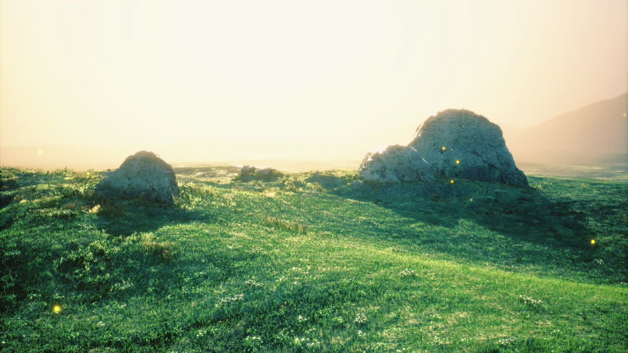 Scenic landscape with gentle hills and large rocks illuminated by sunlight
