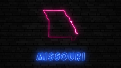 state of missouri map silhouette with neon line on a dark brick wall background