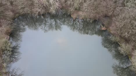 Forest-Lake-with-trees-reflected-in-water-in-Winter-overhead-aerial