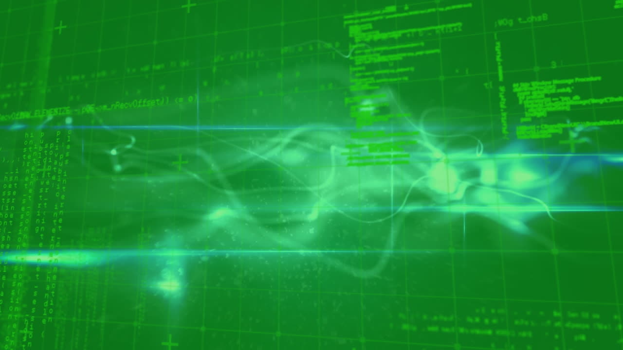 Animation of light trails with data processing on green background
