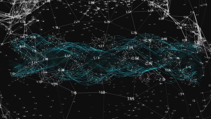 Animation of data processing and shapes on black background