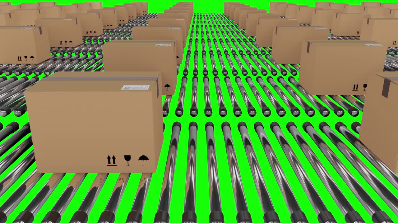 filas de cajas de embalaje de cartón que se mueven en cintas transportadoras