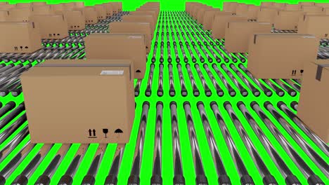 Rows-of-cardboard-packing-boxes-moving-on-conveyor-belts