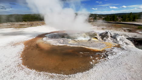 cinematic midway biscuit basin old faithful geyser eruption explosion steam yellowstone national park observation deck upper geyser basin fall autumn beautiful blue sky slow motion still