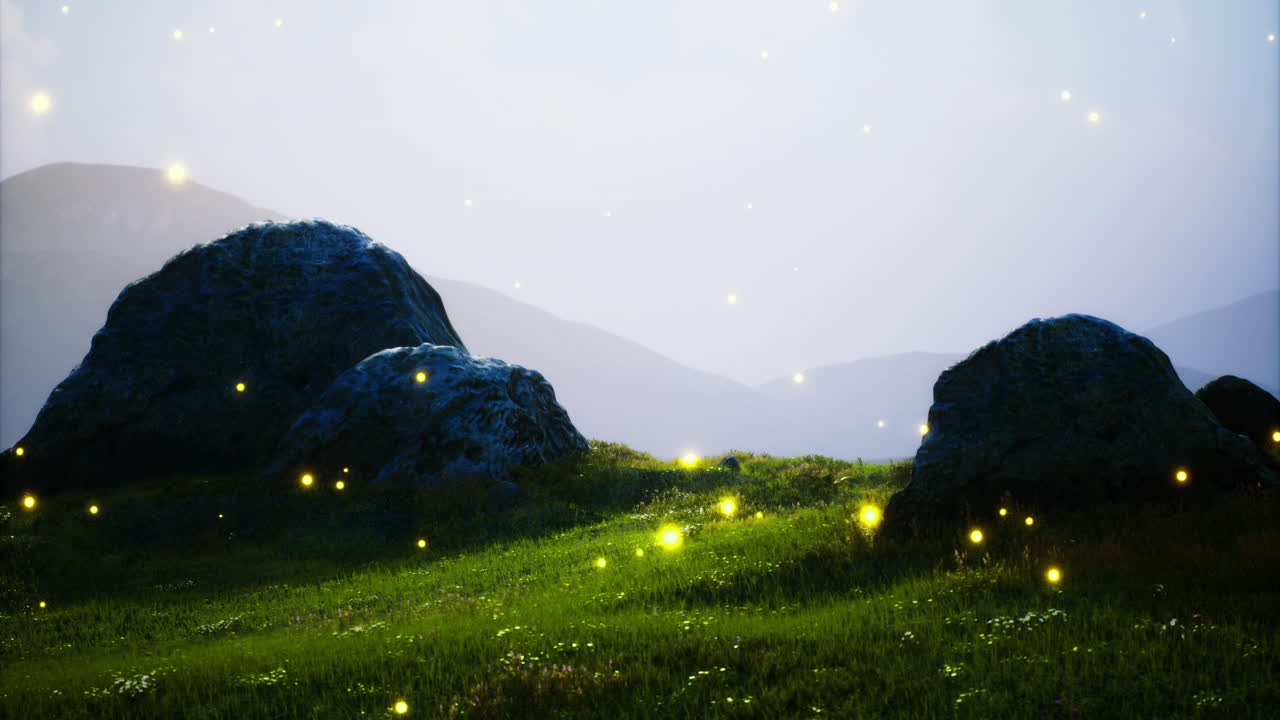 Golden lights illuminate rocky terrain at twilight across rolling hills