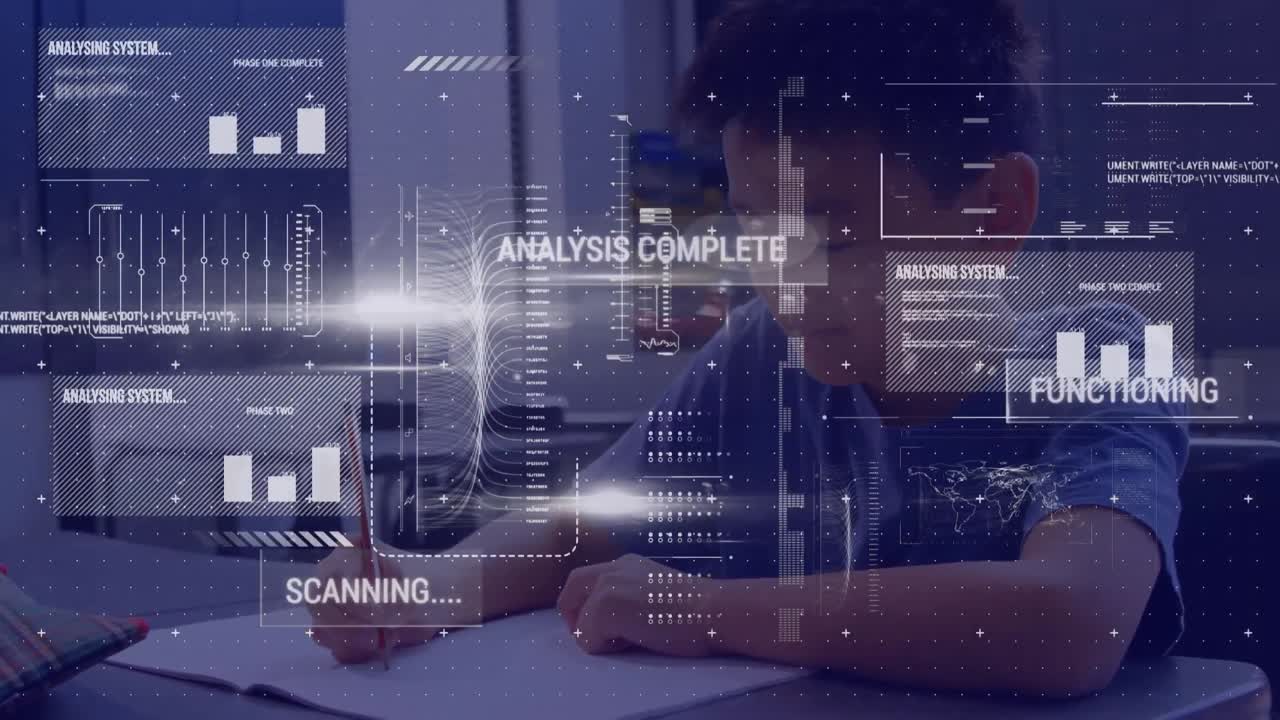 Animation of data processing over asian schoolboy in classroom
