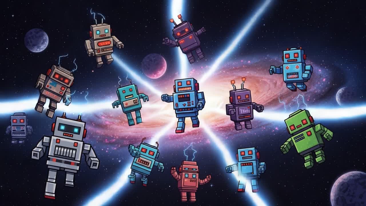 A Dynamic Hub of Colorful Robots Energized by Cosmic Energy in a Vibrant Galactic Setting, Showcasing Their Unique Designs and Playful Characteristics in Space